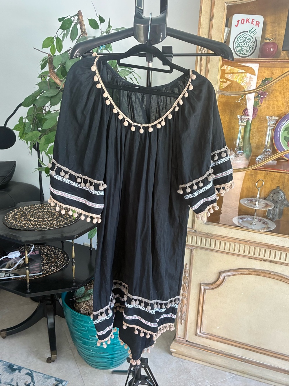 Women’s Black Boho Pom-Pom - Lightweight Tunic - Cotton Dress Coverup  One Size